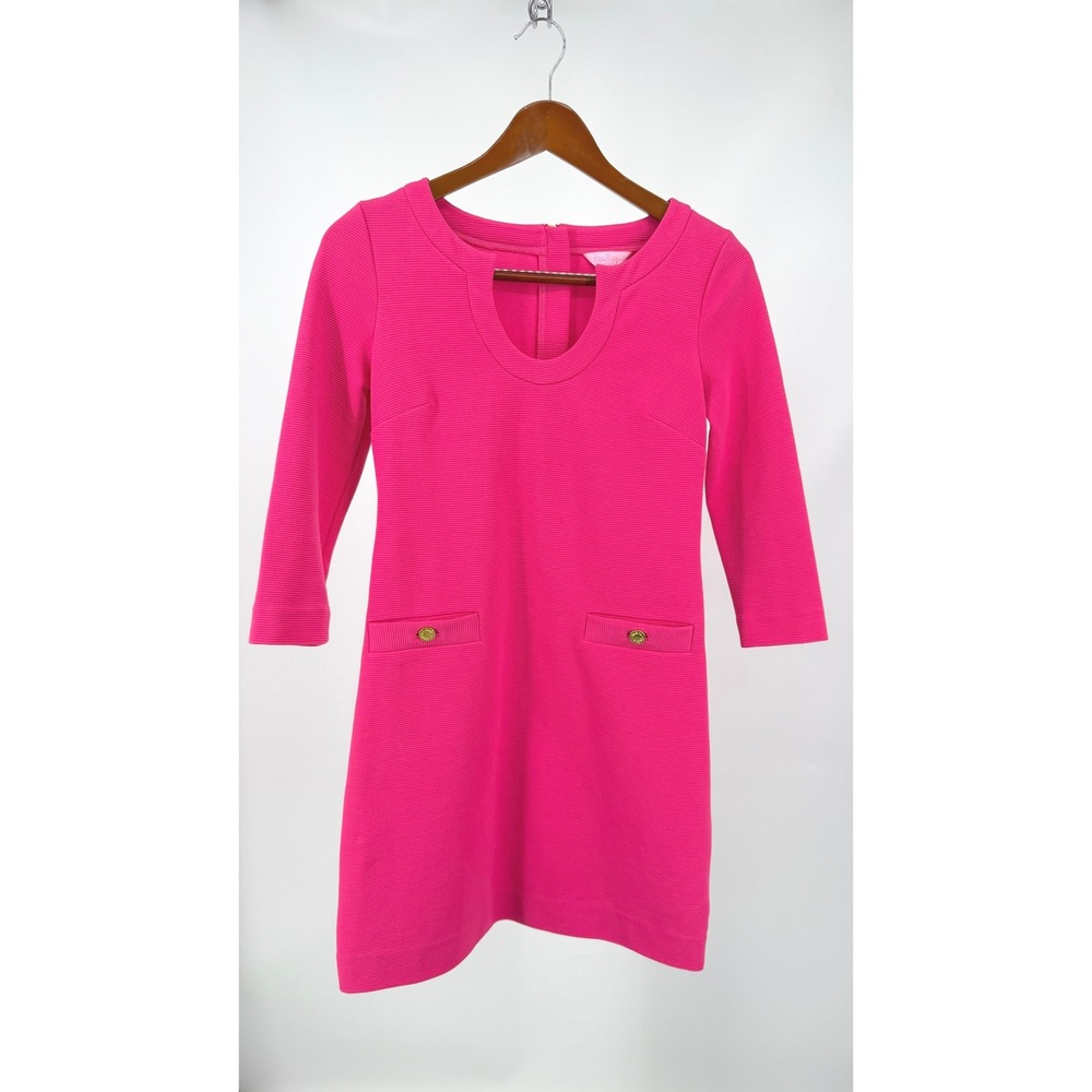 Lilly Pulitzer Shift Dress Womens XS Pink Ottoman Knit Gold Button Mini